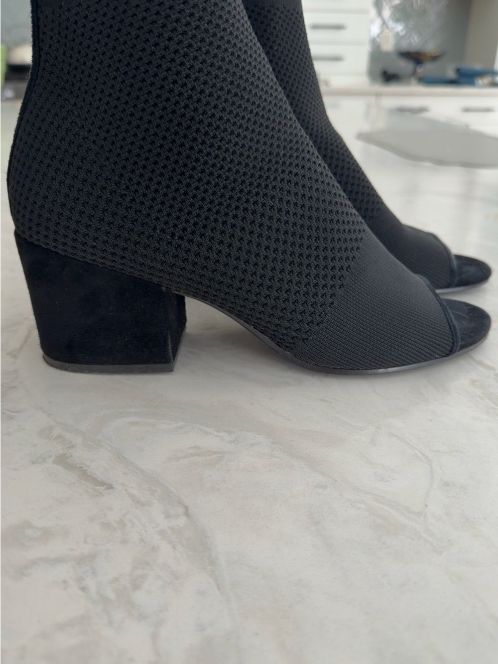 Eileen Fisher Croft Stretch Knit Open-Toe Bootie, Style EF47972.